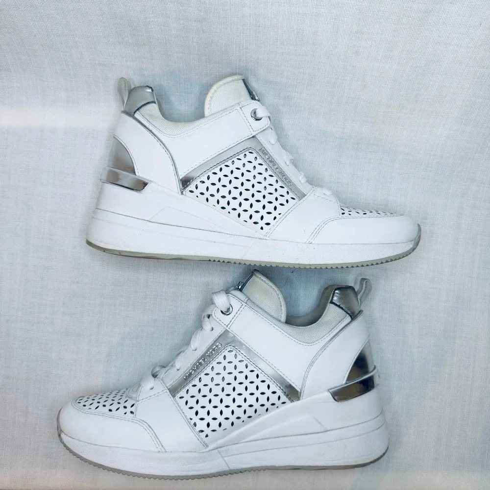 Michael Kors Georgie White Silver Laser Cut Wedge Sneakers Fashion Trainers